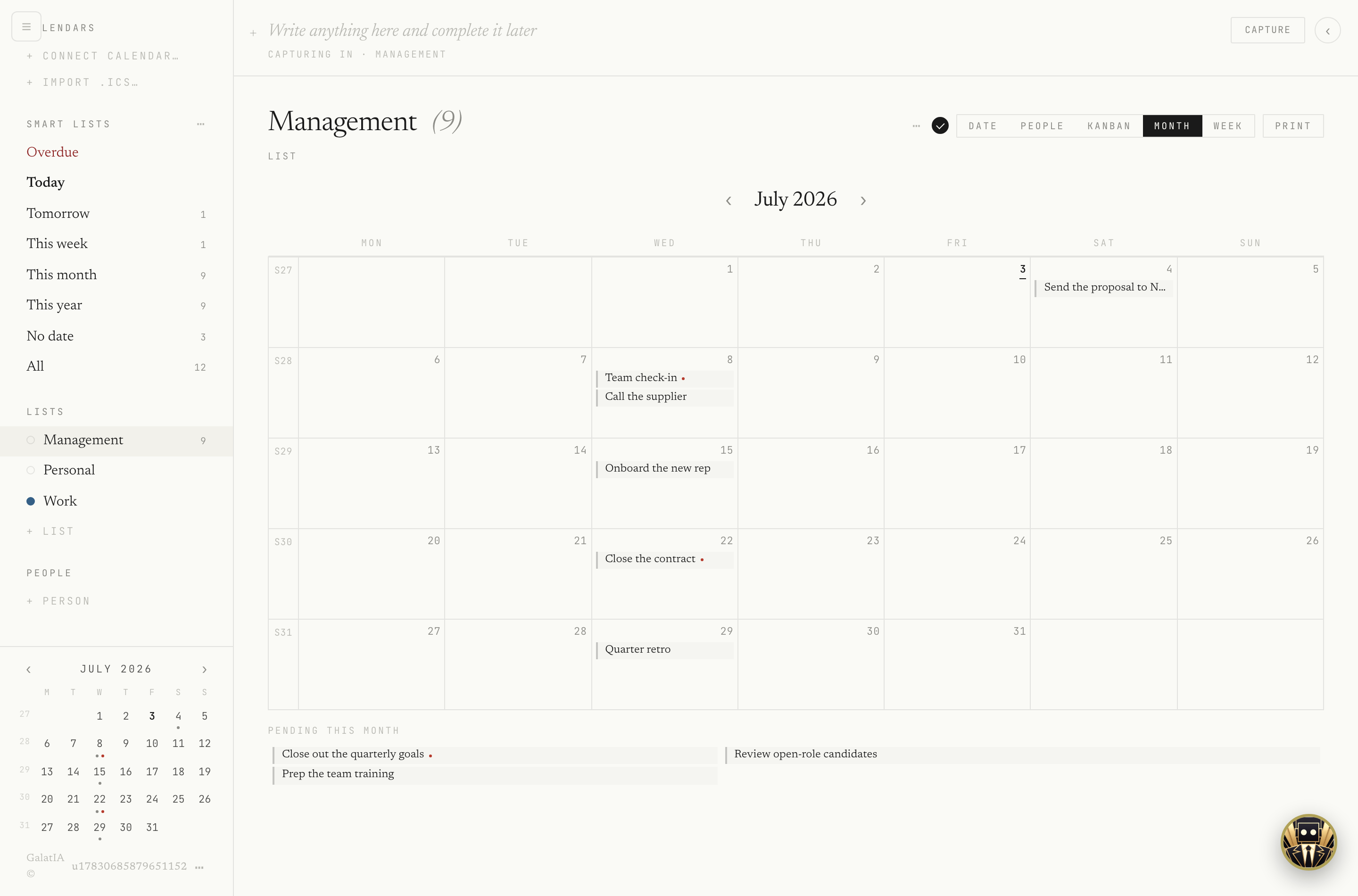 This month view, as a calendar