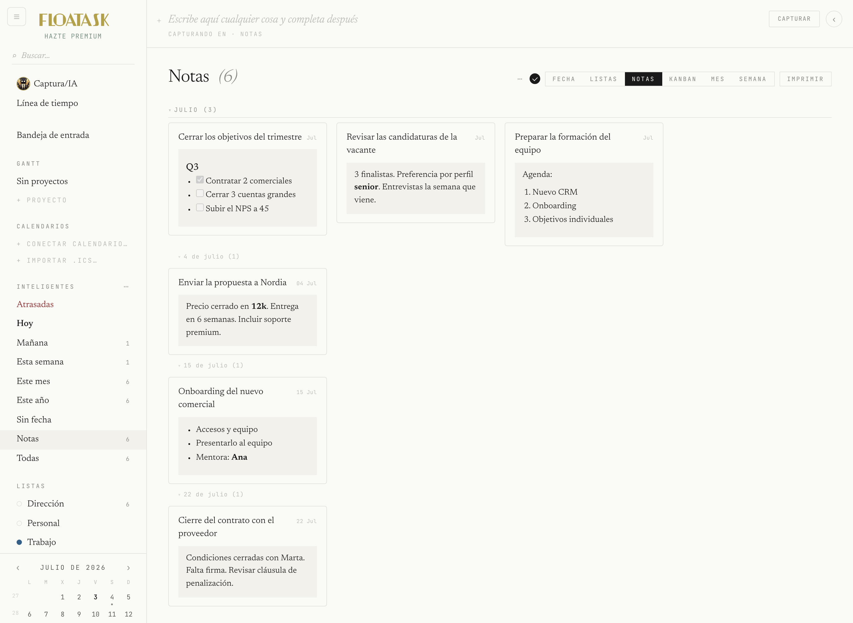 Vista Notas: mosaico de notas en markdown
